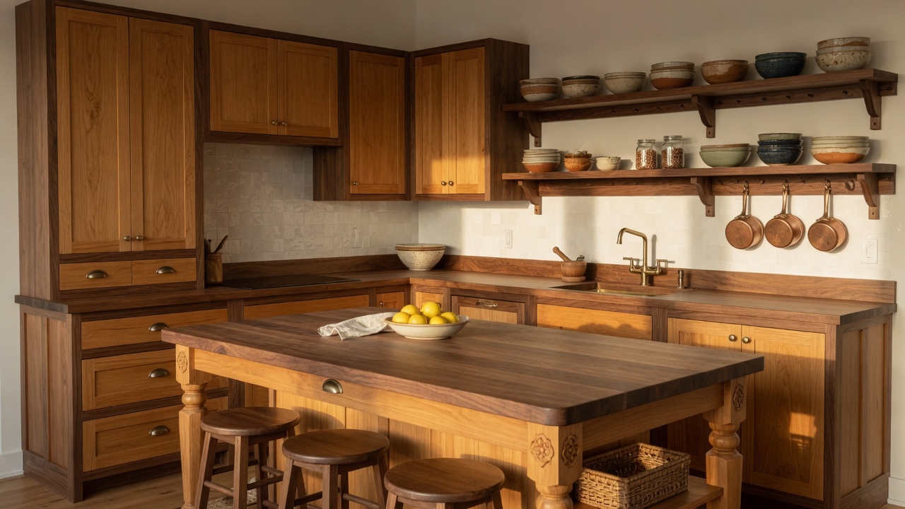 Cozinha sob medida em madeira, ilha e portas shaker