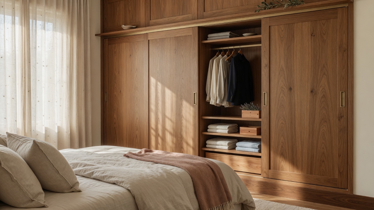 Guarda-roupa de quarto em madeira, portas de correr e luz da manhã