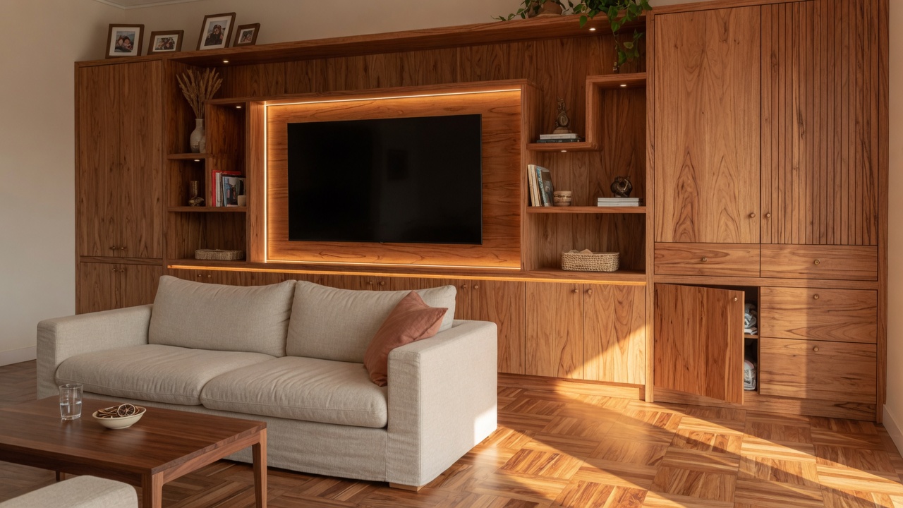 Painel e armários de sala em madeira com iluminação